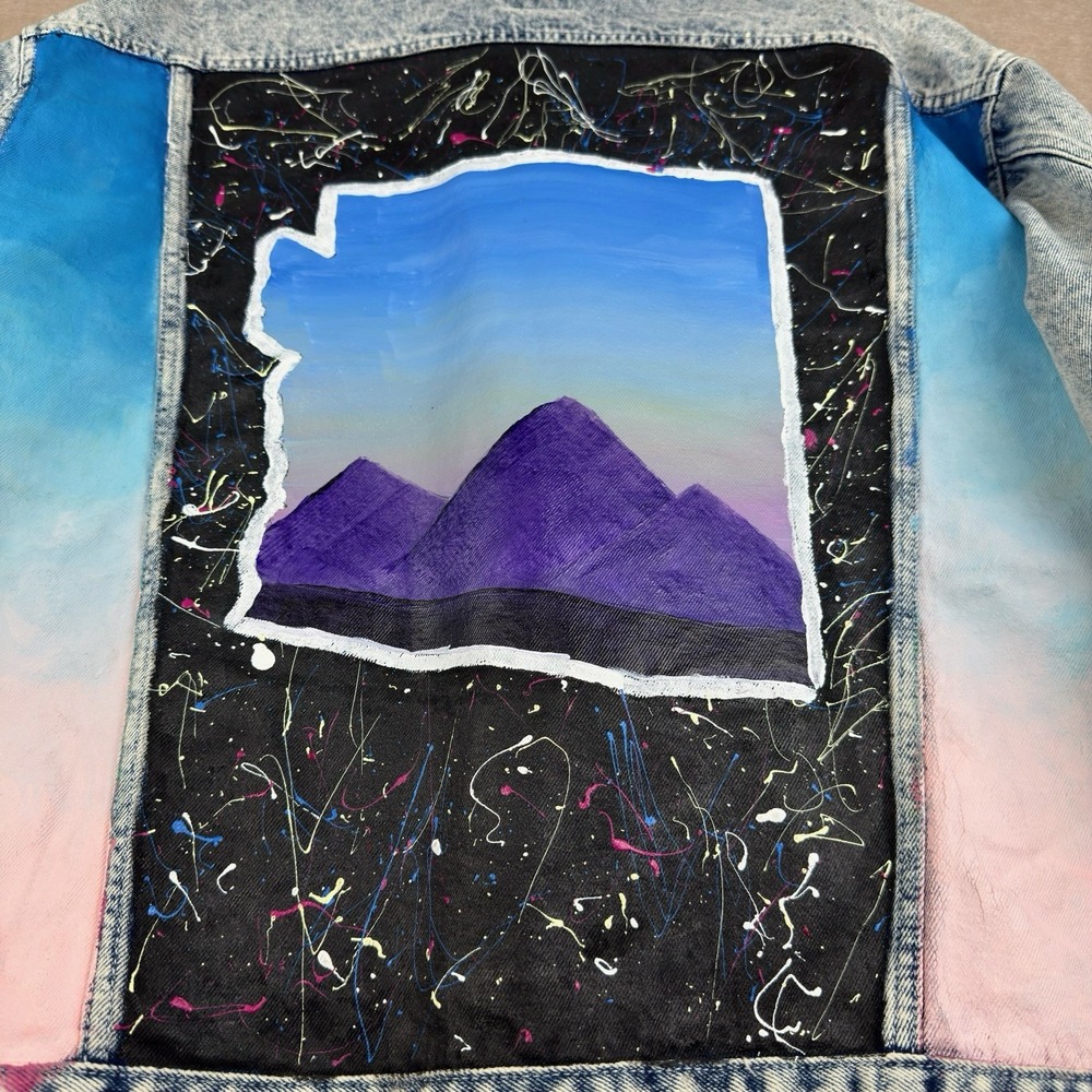 Wild Fable Denim Jacket Women L Acid Wash Palm Tree‎ Floral Painted Retro Art - Picture 4 of 16